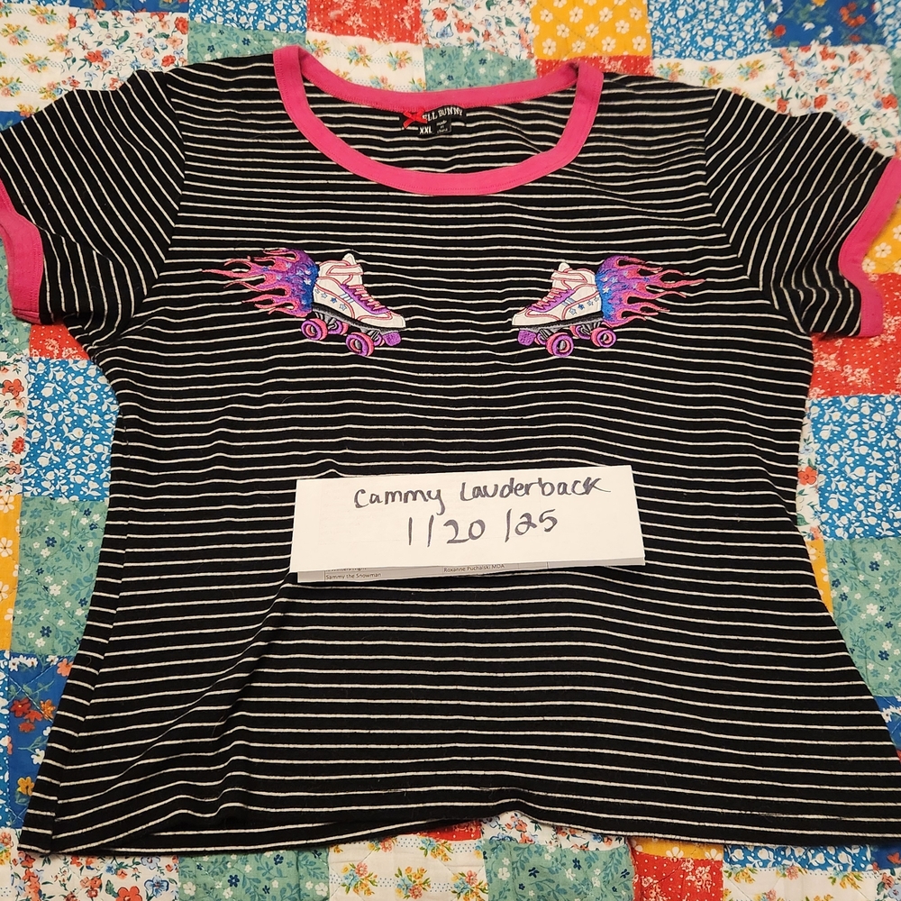 Hell Bunny Black and Pink Striped Tee with Roller Skate Design